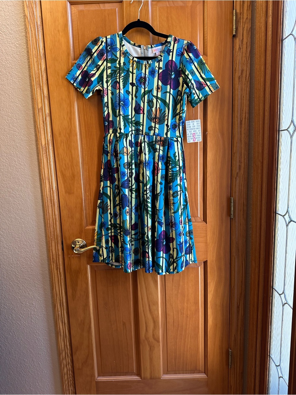 LuLaRoe Amelia Blue and Teal Floral Stripe Short Sleeve Dress